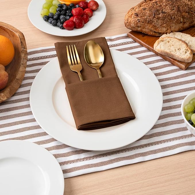 Blue Needles Solid Cloth Napkins Set of 12 Nut Brown 100% Cotton Dinner Napkins 18x18 inches - Soft, Reusable, Absorbent & Washable Fall Thanksgiving Linen, Ideal for Events, Parties & Everyday Use