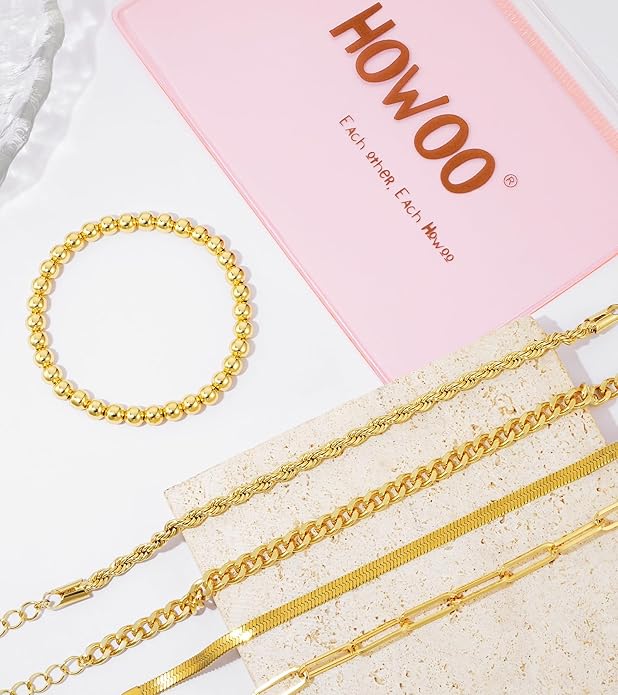 Howoo Gold Bracelets for Women Beaded Initial Bracelet Stack Dainty Heart Stretch Gold Charm Bracelet Jewelry for Women Trendy