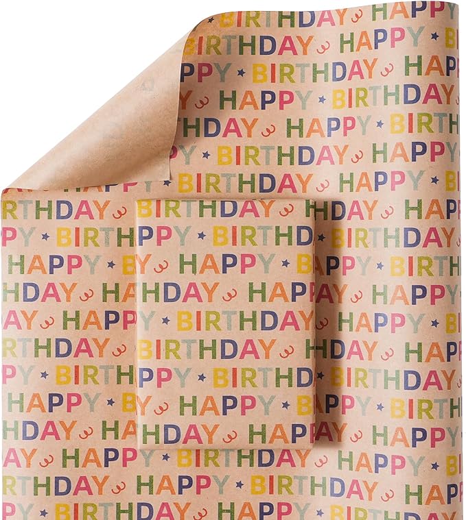 Kraft Birthday Wrapping Paper - Mini Roll - 17 Inches X 33 Feet - for Boys Girls Kids - Colorful Happy Birthday Pattern Great for Teen, Party, Baby Shower