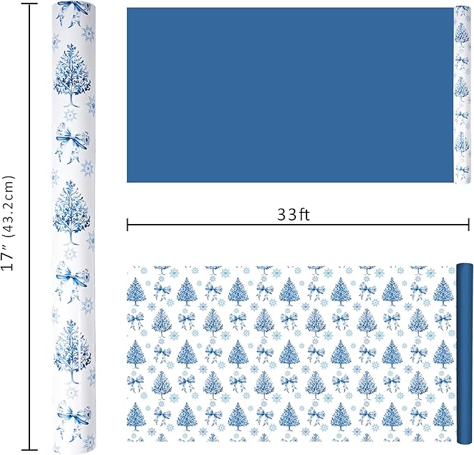 BIOBROWN Reversible Christmas Wrapping Paper - 17 Inch X 33 Feet (46.7 sq. ft. ttl.) - Holiday Trees and Bow Design Perfect for Xmas, Party, Holiday Gift Wrap