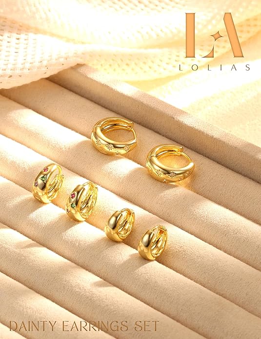14K Gold Plated Hoop Earrings Set for Women - 3Pairs Chunky 14K Gold Plated Silver Huggie Earrings Small Earrings Lightweight Hypoallergenic MultiColored CZ Hoop Earrings Stacks for Multiple Piercing