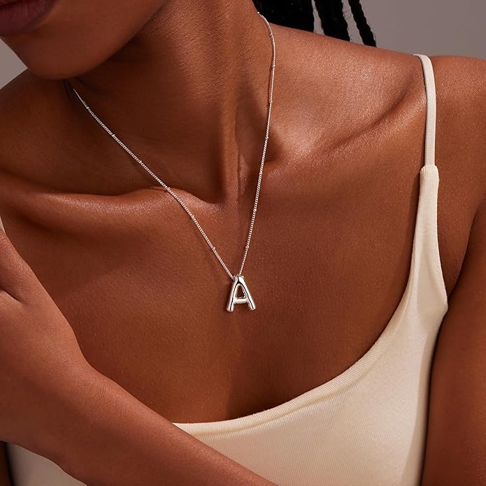 Inerney Valentines Day Gifts Gold Bubble Letter Necklace Initial Necklaces for Women, Chunky 14K Plated Balloon Initials, Trendy Charm Non Tarnish Custom Name Pendant Jewelry Gifts for Mom