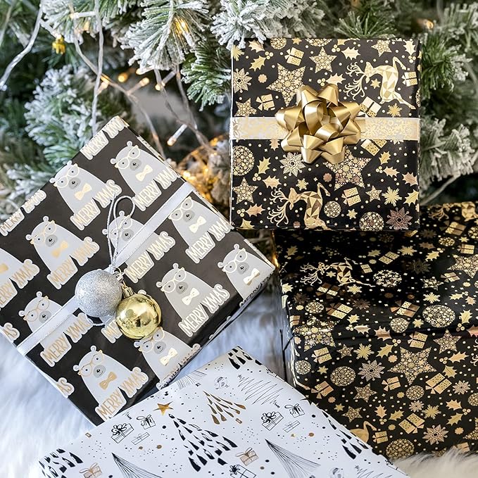 MAYPLUSS Christmas Wrapping Paper Roll - Mini Roll - 17 inch X 120 inch Per roll - 3 Different Black Gold Bear Design (42.3 sq.ft.ttl)