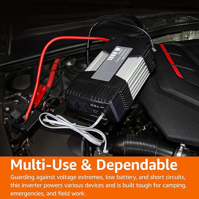 Amazon Basics 1000W Car Power Inverter - 12V to AC 110V, 13.81 x 7.44 x 3.07 inches