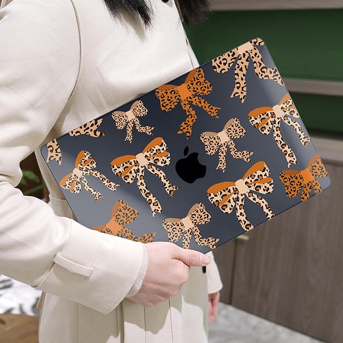 MEEgoodo Case for MacBook Pro 13 inch Case 2022 2021 2020 New A2338 M2/M1 A2251 A2289, Laptop Hard Shell with Keyboard & Camera Cover Compatible with 13 inch MacBook Pro, Ribbon Bow with Leopard Skin