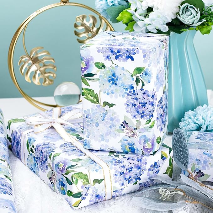MAYPLUSS Floral Gift Wrapping Paper Roll - Watercolor Blue Hydrangea Design Floral Gift Wrap Paper for Wedding, Bridal Shower, Mother’s Day, Valentine's Day, Birthday, Anniversay (17 Inch X 33Feet)