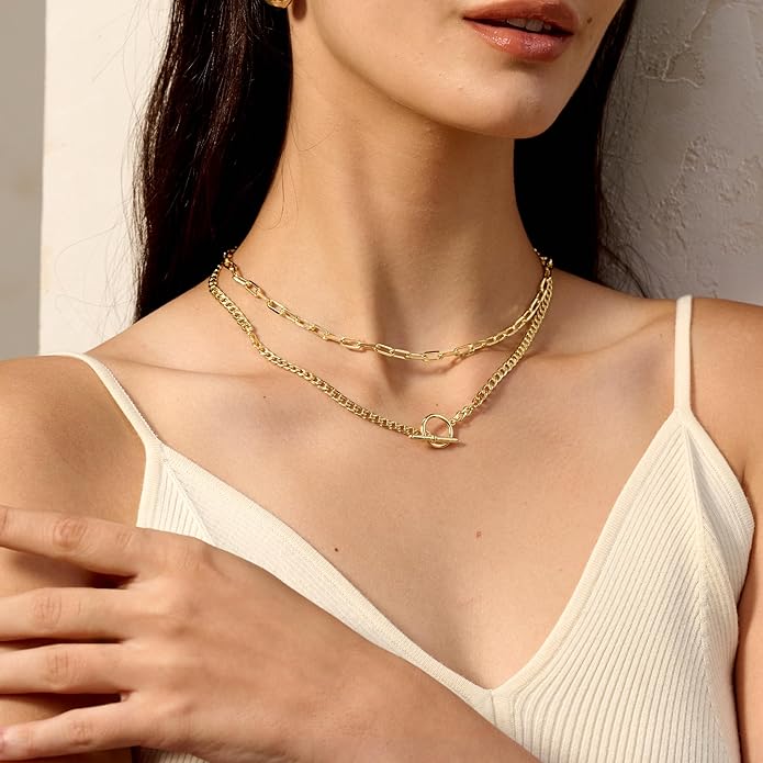 CHESKY Layered Necklaces for Women, 14K Gold Plated Chain Necklace Women Trendy Cuban Link Paperclip Chain Toggle Clasp Necklace Fashion Chunky Jewelry for Women