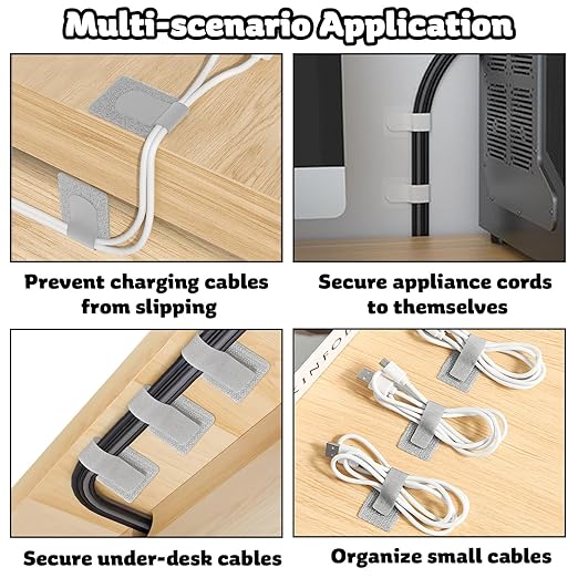 40 PCS Hook and Loop Cable Ties, Self-Adhesive Hook and Loop Cable Straps, Sticky-Back Wire Organizer for Under Desk Cable Management, Adjustable Cable Straps Clips for Home Office(White, Gray)