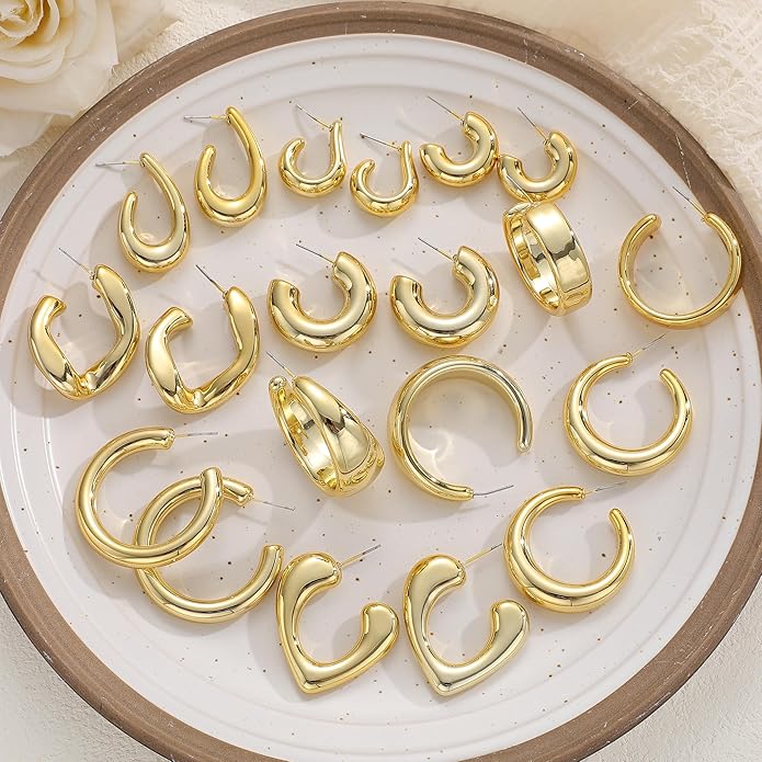 12 Pairs Chunky Gold Hoop Earrings for Women Trendy, Gold Plated Lightweight Hypoallergenic Stack, Thick Open Twisted Huggie Hoops Earring Set