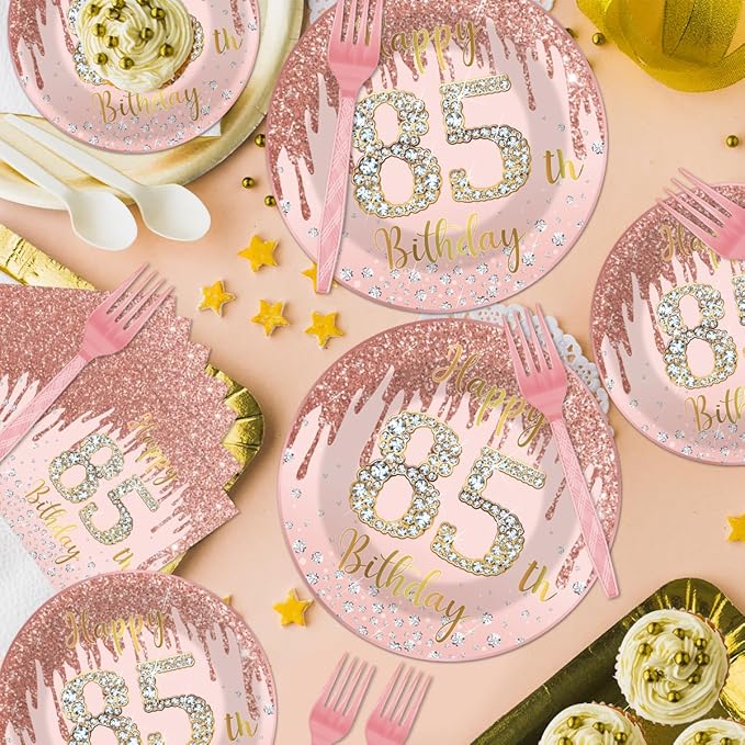 96Pcs 85th Birthday Decorations for Women Disposable Tableware Set -Rose Gold Happy 85th Birthday Paper Plates Napkins Forks 85 Years Old Party Supplies Serve 24 Guests