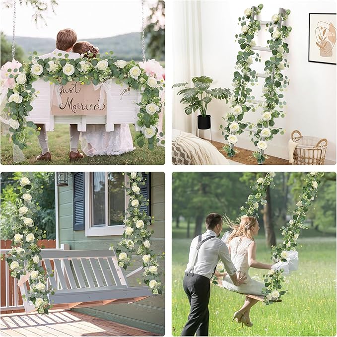 TOCHGREEN 2Pcs(13 Ft) Artificial Eucalyptus Flower Garland with White Rose Flowers,Faux Rose Vine Gypsophila Greenery for Home Party Wedding Table Decor (White, 2PCS)