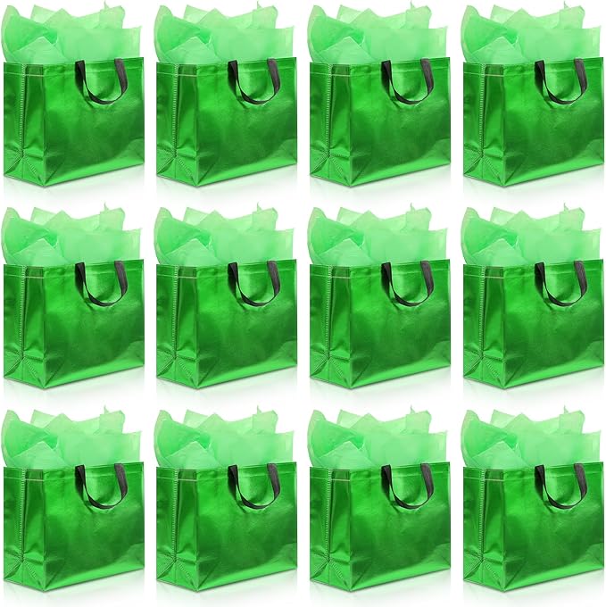 KeerxunBag 12Pcs Reusable Gift Bags(Includes Tissue Paper) Gift bag with handle Birthdays Parties Holidays Weddings Medium 13x5x11in Green Gift Bags