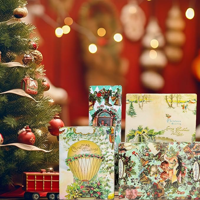 Vnaaem Vintage Christmas Wrapping Paper Retro Santa Claus Balloon Bell Gift Wrap Paper Bulk Xmas Folded Flat for Christmas Holiday Party Celebration - 20 X 28Inches Per Sheet(8 Pack)