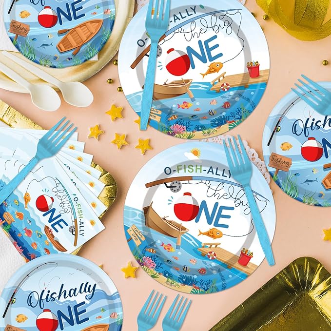 Ofishally One Birthday Party Decorations- 96PCS O Fishally One Plates and Napkins Party Supplies Fishing First Birthday Decorations 1st Fish Themed Disposable Paper Tableware Set Serves 24 Guests