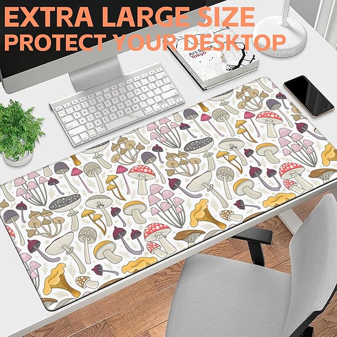 Mouse Pad Large Colorful Mushrooms Non-Slip Gaming Desk Mat with Stitched Edge Laptop Keyboard Desk Pad for Work Home Gaming (35.4 x 15.7 Inches)