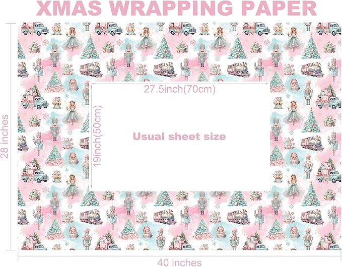 PlandRichW Nutcracker Christmas Wrapping Paper - Sweet Pastel Nutcracker Scene with Trees, Train & Angels - 40×28 Inch Xmas Gift Wrap, 4 Folded Sheets for Kids & Adults