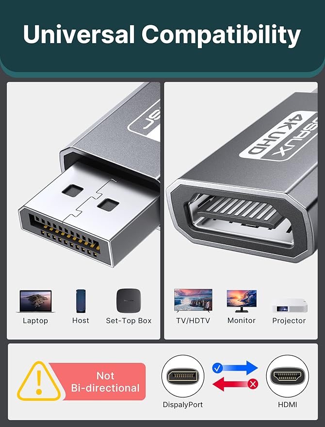 JSAUX 4K DisplayPort to HDMI Adapter, DP PC to HDMI Monitor Converter Video UHD 2K@120Hz,4K@30 DP to HDTV Male to Female Uni-Directional Adapter Compatible with Dell, Lenovo, HP,GPU, AMD -Grey