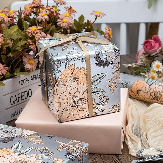 MAYPLUSS Floral Wrapping Paper Roll - 17Inch x 33Feet - Luxury Girly Vintage Flower Pattern Wedding Shower Gift Wrap Paper for Bridal Shower, Girl Birthday, Mother's Day, Engagement and Party
