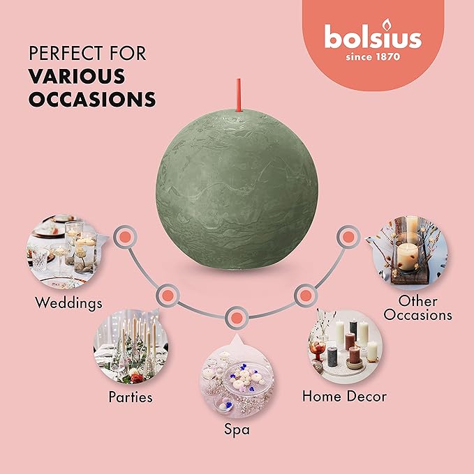 BOLSIUS 3 Pack Fresh Olive Rustic Ball Pillar Candles - 3 Inch - Premium European Quality - Includes Natural Plant-Based Wax - Unscented Dripless Smokeless 25 Hour Party Décor and Wedding Candles