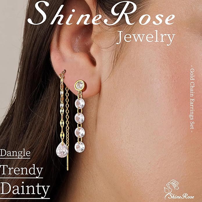 Dangle Earrings For Women Trendy 14K Gold Plated Drop Silver Long Dangling Dainty CZ Simple Hanging Jewelry