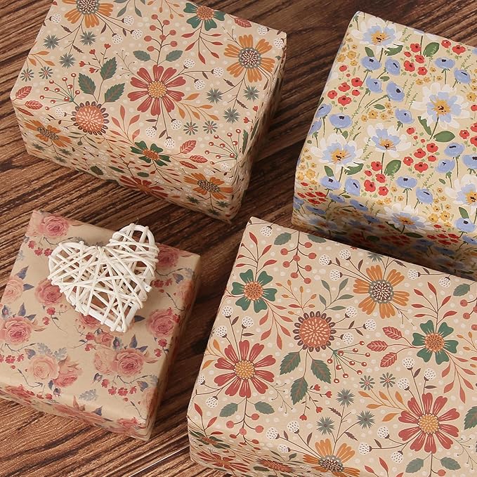 Aimyoo Kraft Floral Wrapping Paper Bundle, Vintage Spring Flowers Rose Gift Wrap Paper for Wedding Bridal Shower Birthday, 3 Rolls 17 in x 10 ft per Roll