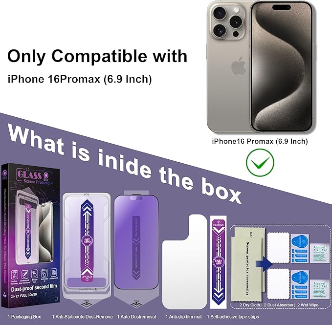 2 Pack Anti Blue Light Matte Screen Protector for iPhone 16 Pro Max, 9H Tempered Glass, Full Coverage, Anti-Fingerprint, Auto Dust-Elimination, No Bubble, Easy Installation