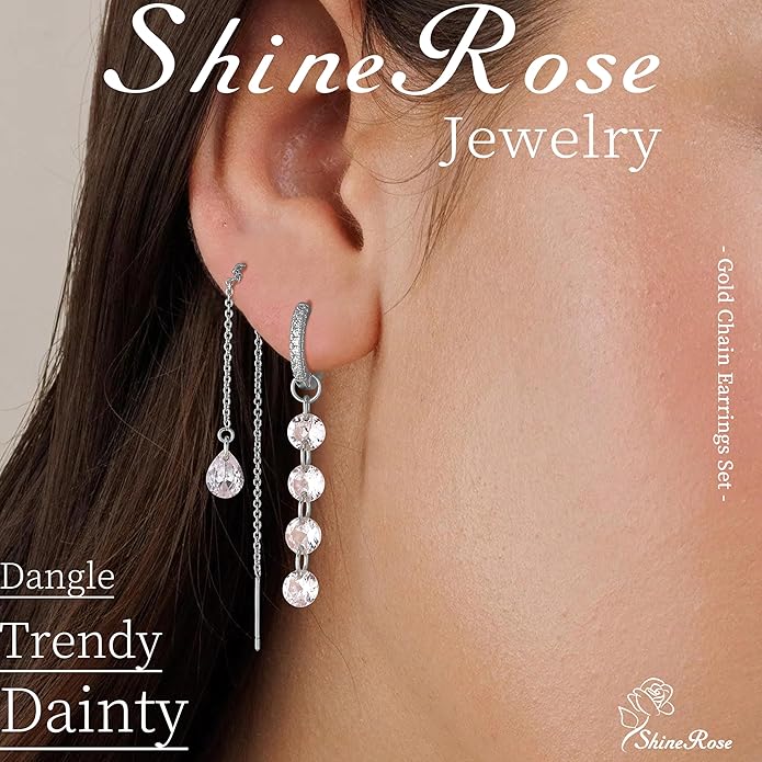 Dangle Earrings For Women Trendy 14K Gold Plated Drop Silver Long Dangling Dainty CZ Simple Hanging Jewelry