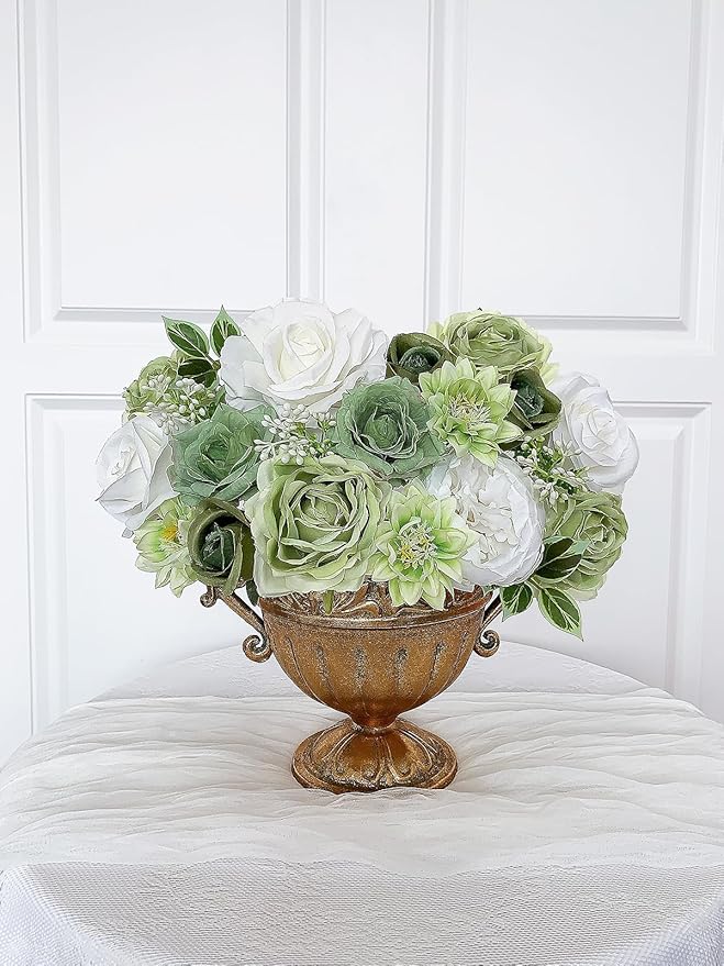 Rose Artificial Flowers White Fake Flower Bulk for DIY Wedding Bouquet Bridal Baby Shower Decorations Party Table Centerpieces Cake Decorating Silk Floral Arrangement Home Decor Indoor Green