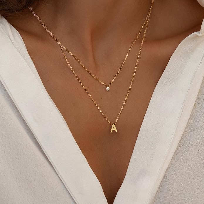 Layered Initial Necklaces for Women, 14k Gold Plated Letter Necklace Set Dainty Gold Initial Necklace Stack Cute Layering Choker Necklaces for Women Trendy Fashion Jewelry