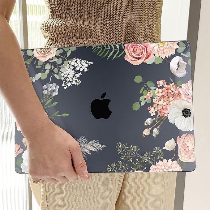 TWOLSKOO Compatible with M4 MacBook Air 13.6 inch Case 2025-2022 Release M4 A3240 M3 A3113 M2 A2681, Plastic Hard Shell & Keyboard Cover & Type C Adapter & Screen Protector, Rose Flower
