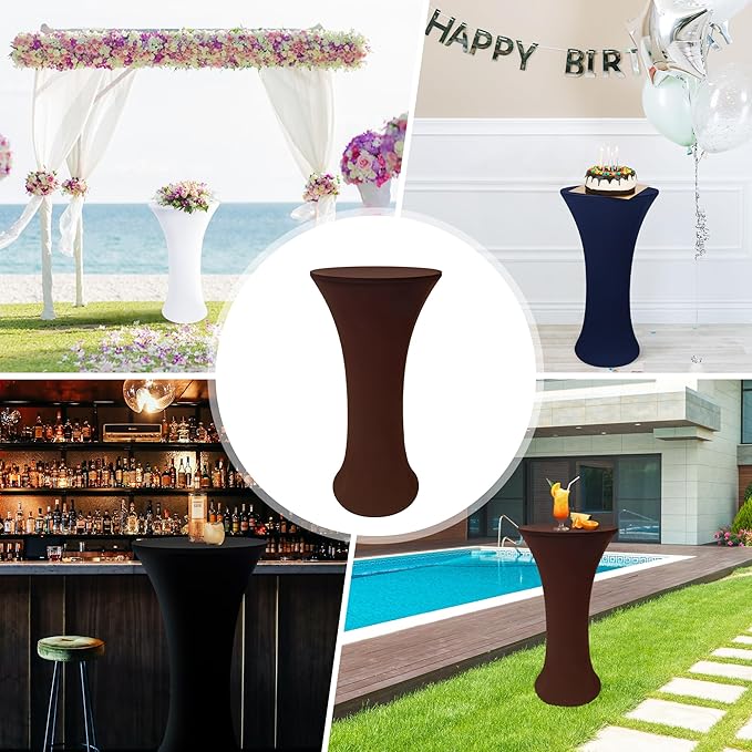 2PCS 24x43 Inch Round Fitted Cocktail Table Cover Brown Spandex Cocktail Table Cloth Highboy Fitted Tablecloth High Top Table Cloths for Party Pub Banquet Bistro