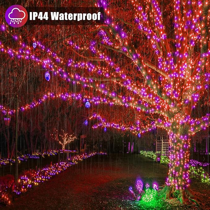 200 LED Christmas Lights Outdoor, 66ft Christmas String Lights Indoor Clear Wire 8 Modes Waterproof Plug in Twinkle Fairy Light for Tree Party Garden Decorations, Purple&Orange