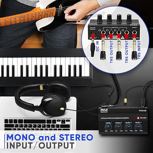 Pyle 4-Channel Portable Stereo Headphone Amplifier - Professional Multi Channel Mini Earphone Splitter Amp w/ 4 ¼” Balanced TRS Headphones Output Jack and 1/4" TRS Audio Input For Sound Mixer