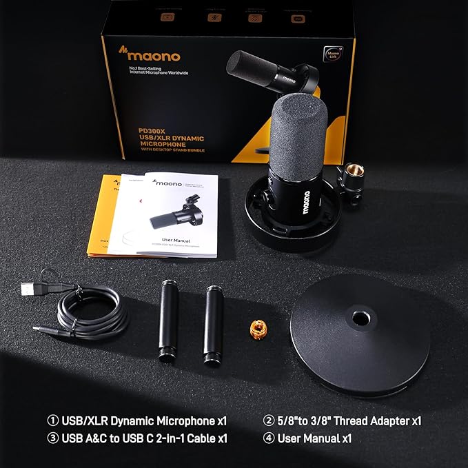 MAONO USB XLR Dynamic Microphone for Podcast: PC Computer Gaming Mic with 192kHz/24bit for Studio Recording Streaming Content Creation PD300XT