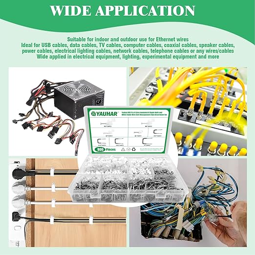 800Pcs 4mm 6mm 8mm 10mm J-Hook Ethernet Cable Nails Wire Clips with Steel Nails and 5/8" 3/4" 1/2" 1" Insulated U Staple Nail for Home Office Business