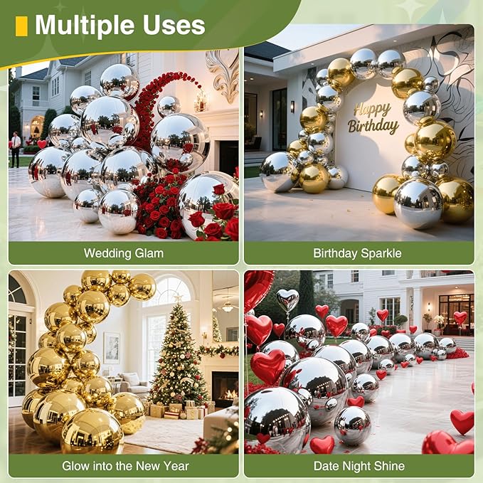 Gold 6PCS Inflatable Mirror Ball,Reusable PVC Mirror Balls Large Event Decoration Hanging&Standing Disco Ball with Electric Pump For Event,Wedding,Party Decor(Gold, 6Pcs+Pump)