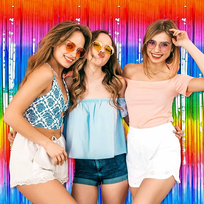 3 Pack Dark Rainbow Foil Fringe Curtains Backdrop, 3.28 x 8.2 Ft Metallic Streamers Tinsel Curtains Background for Photo Booth, Birthday, Halloween, Christmas, New Year Party Decorations