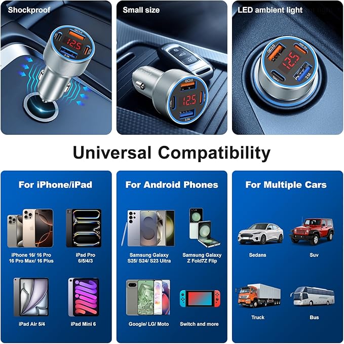 USB C Fast Car Charger, 2Pack 4-Port Fast Charging Car Charger with Voltage Display, Type C Car Chargers for Multiple Devices,USBC Phone Adapter for iPhone 16e 16 15 Pro Max,Galaxy,iPad,Pixel,Android