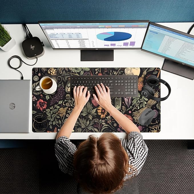 Desk Mat Botanical Witchery Mouse Pad Gaming Mat Dark Keyboard Mat, Long Mouse Mat XXL Extended Desktop Pad Computer Mats with Stitched Edges, Office Desk Accessory Home Decor 31.5" x 15.7"