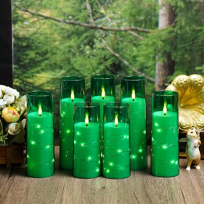 Flameless Candles with Embedded Star String, Battery Operated LED Pillar Candles with Timer and Remote Control,Home Decorating for Ambiance, Set of 7 (Green)