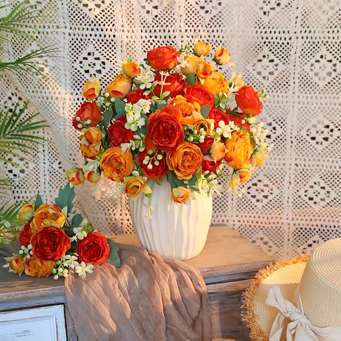 Floweroyal 4 Bunches Peony Artificial Flowers Orange Yellow Flowers Silk Peonies Bouquets for Wedding Party Table Centerpieces Floral Arrangement Home Kitchen Decor
