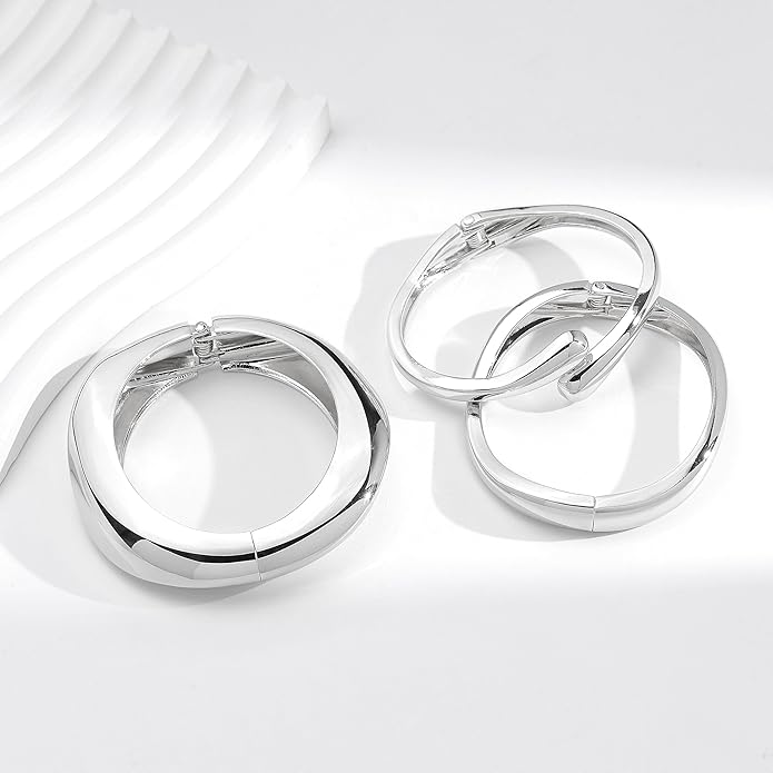 Chunky S925 Sterling Silver Plated Bangle Bracelets Stack for Women, Thick Statement Silver Plated Stackable Bangle Cuff Bracelets Set,Trendy Big Large Gold Bracelet Stacked Fashion Jewelry Gifts Non Tarnish