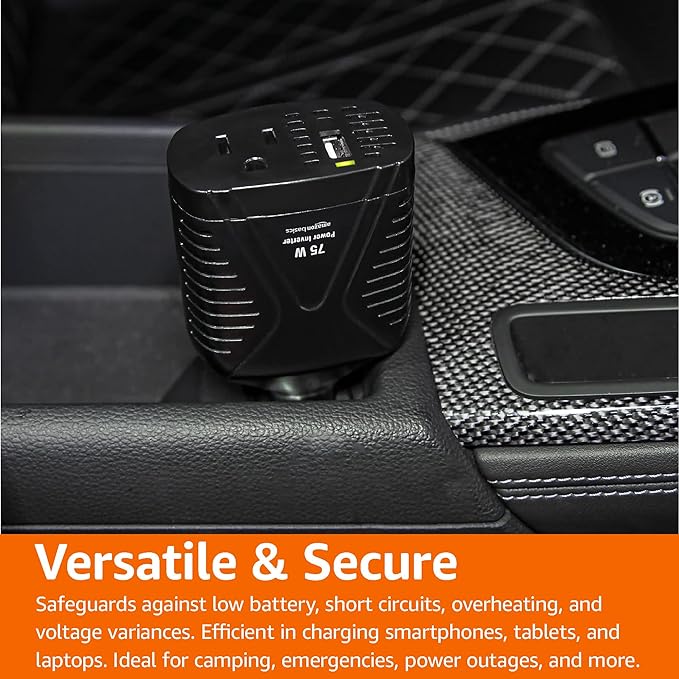 Amazon Basics 75W Car Power Inverter 12V to 110V for Vehicles, Black, 5.07 x 2.65 x 1.6 inches
