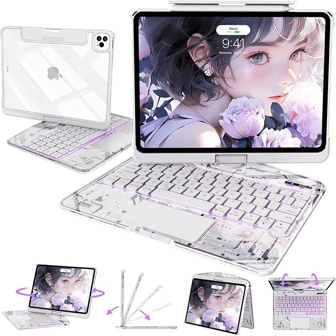 Intermerge Clear Keyboard Case for iPad Pro 13" (M4) 2024 Only, 360° Swivel Multi-Touch Trackpad, 7-Color RGB Backlit, Pencil Holder, Type-C, Power Indicator, Frost Pulse