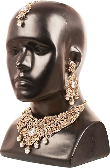 Touchstone Indian jewelry sets for women tikka wedding necklace costume guest statement bollywood rhinestones crystal faux pearls gold big royal neck piece set bridal fashion accessories