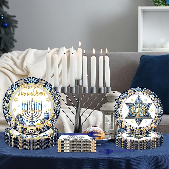 96Pcs Hanukkah Paper Plates Napkins Forks Happy Hanukkah Tableware Set with Menorah and Star of David Jewish Holiday Celebration Theme Party Supplies Serve 24 Guests