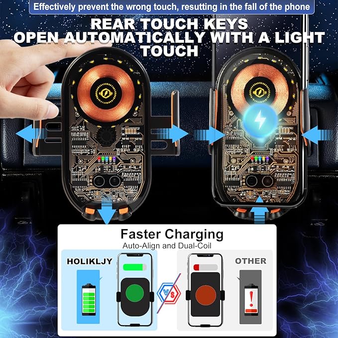 Car Phone Holder, Wireless Car Charger Air Vent Auto-Clamp Cell Phone Car Mount with Metal Hook Clip, 360° Rotation - One Button Release for iPhone, Samsung, Google, and All Other Smartphones