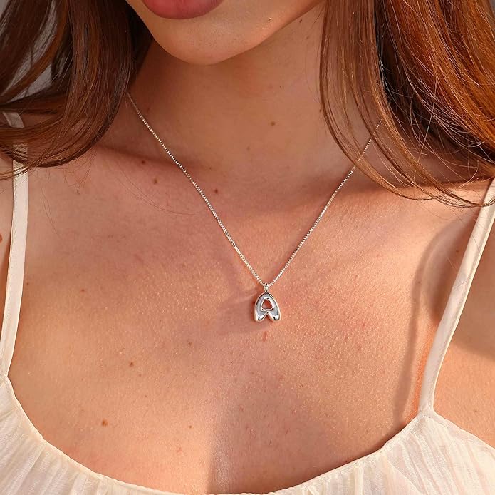 Bubble Gold Silver Letter Necklace Initial Necklaces for Women Trendy 14K Dainty Charm Pendant Name Necklace Personalized Jewelry Gift for Women Teen