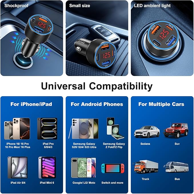 USB C Car Charger,2Pack 65W 4 Port Fast Charging Car Phone Charger with Voltage Display,Multi Port Cigarette Lighter Adapter USB Chargers for iPhone 16 15 14 13 Pro Max,Galaxy S25,iPad,Pixel,Android