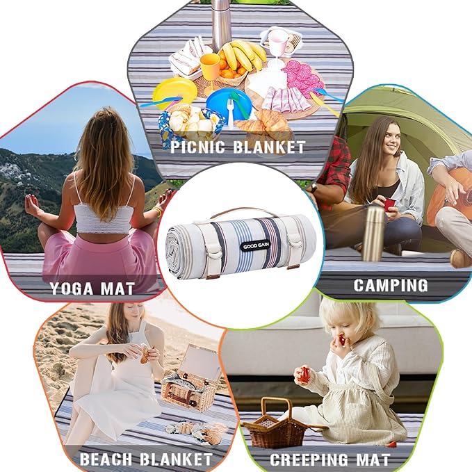 G GOOD GAIN Waterproof Picnic Blanket Portable with Carry Strap for Beach Mat or Family Outdoor Camping Party(Oyster)